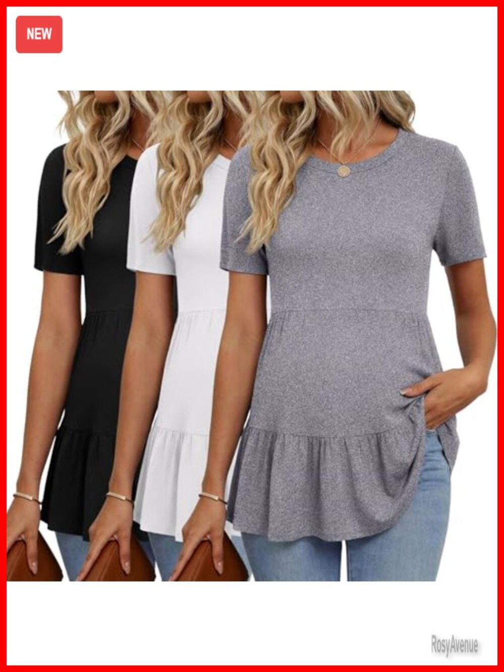 3 Pack Maternity Short Sleeve Ruffle Peplum Babydoll Tops